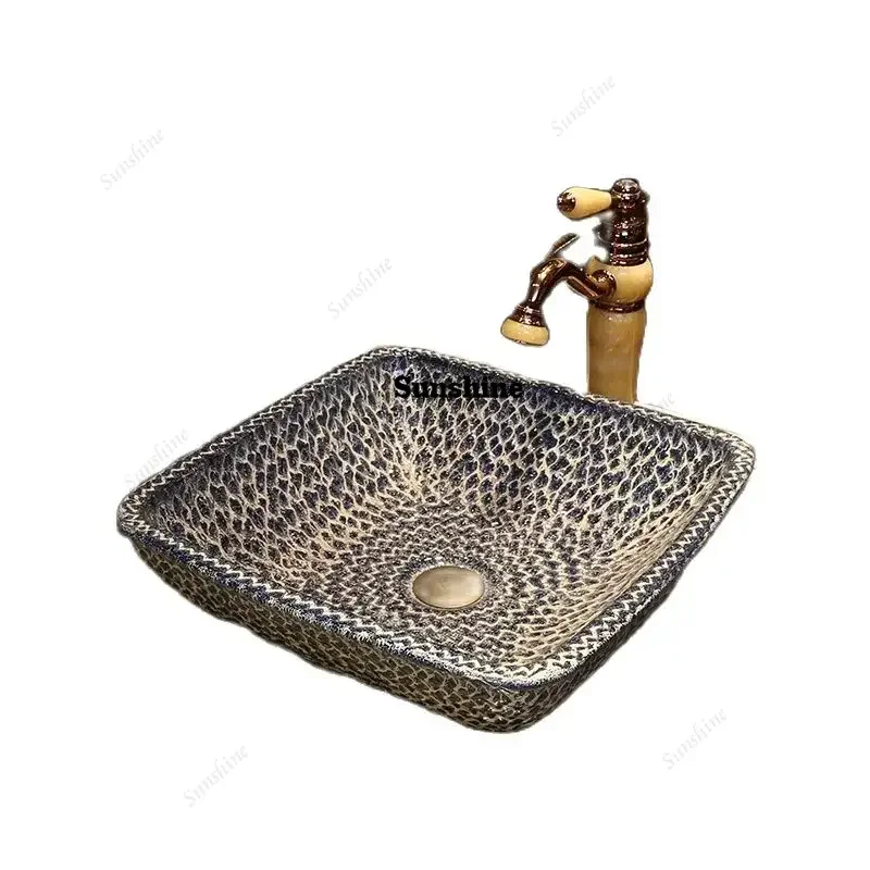 Blue Stone Art Table Basin Creative Ceramic Wash Square Inter-Platform  Basin Retro Wash