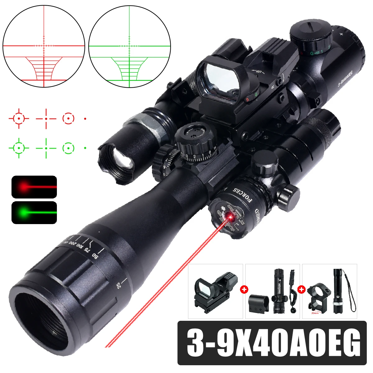 Tactical Scopes 3-9X40AOEG Red Dot Flashlight Laser Combo Optical Sight Outdoor Hunting Adjustable Riflescope 11mm/20mm  Mount