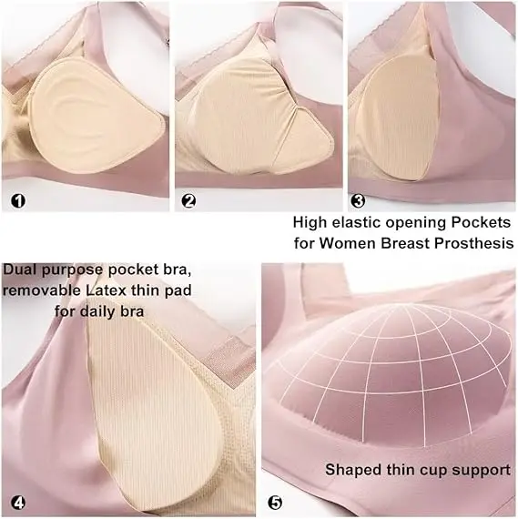 Prosthetic Breast Bra for Women after Breast Surgery, Fake Breast Bra, Push-Up Fake Breast Bra, Seamless Breathable, Wire-Free Bra, Close-Fitting Shoulder Straps, Adjustable Breast Pads, Removable