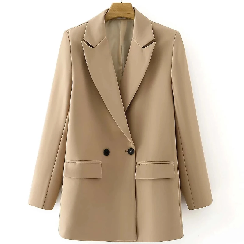 Женский офисный двубортный Блейзер, винтажное пальто с отложным воротником и длинным рукавом, верхняя одежда, Стильные топы