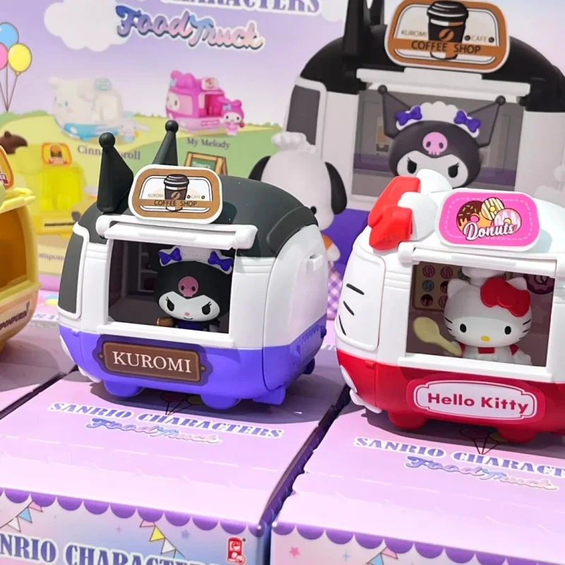 Sanrio caja ciega de la serie de coches de comedor móvil, caja sorpresa misteriosa Kawaii Kuromi, modelo coleccionable, juguetes, adorno, regalos de Navidad para niños