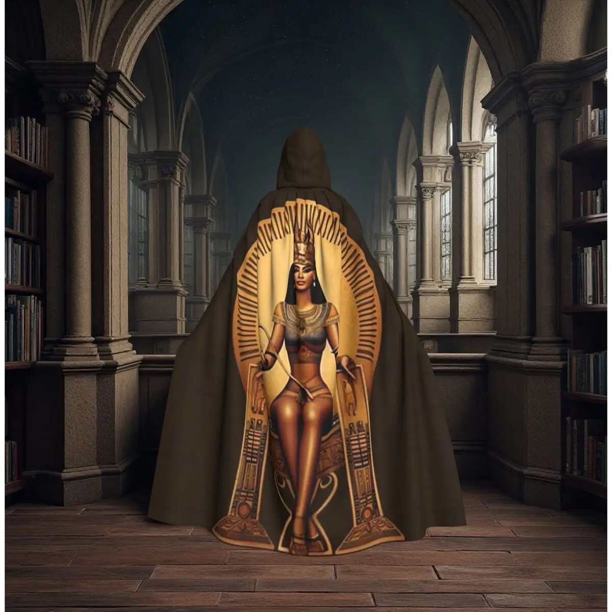 

Mystical Ankh And Staff Symbols Egyptian Queen Long Hooded Cloak Witch Medieval Costume Cosplay Cape HalloweenCoat Adult Unisex