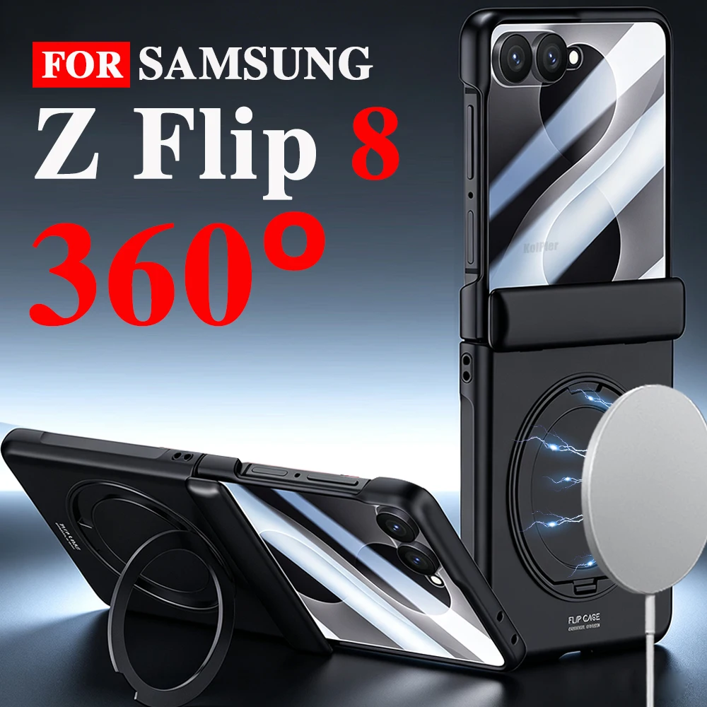 Luxury Holder Matte Case For Samsung Z Flip 8 Magnetic Glass film Protection Anti-fingerprint Hard Skin Friendly Stand Cover