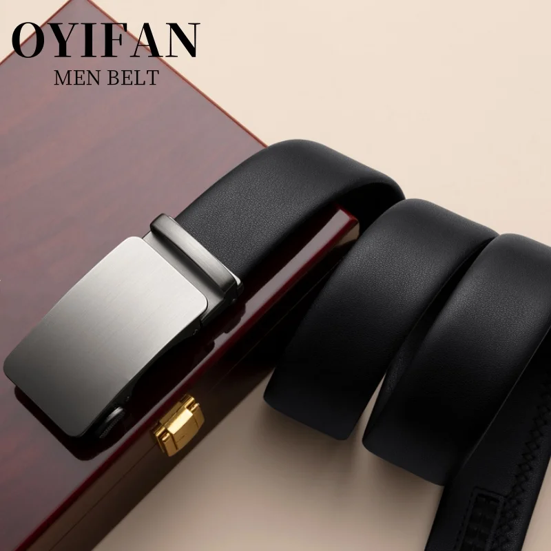 Official Genuine Men's Leather Belt Hard Alloy Automatic Buckle Belt Male Natural Cowhide Non-porous Thin Belt