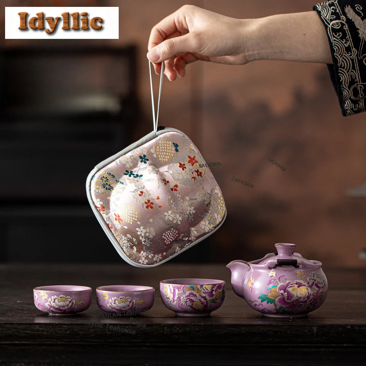 

Purple Ru Peony Travel Tea Set Kit Japanese 1 Pot 3 Cups Household Tea Making Organizer Portable Camping Tote Bag Teaware Gift