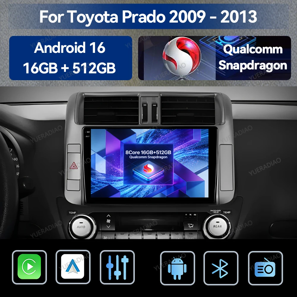 Android 16 Carplay Auto For Toyota Land Cruiser Prado 150 2009 - 2013 GPS NAVI 4G LTE 5G WIFI 2DIN Multimedia Video Player QLED