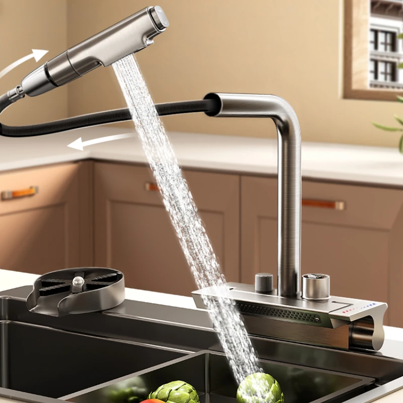 Grifo de cascada giratorio con pantalla digital gris pistola, totalmente de cobre, agua fría y caliente, tipo extraíble, fregadero de lavabo de cocina, Hous