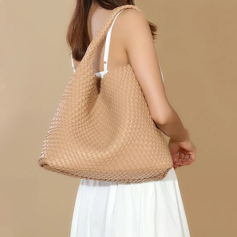 New Woven Bag for Women Vegan PU Leather Tote Female Large Summer Beach Travel Handbag and Purse Retro Handmade Shoulder