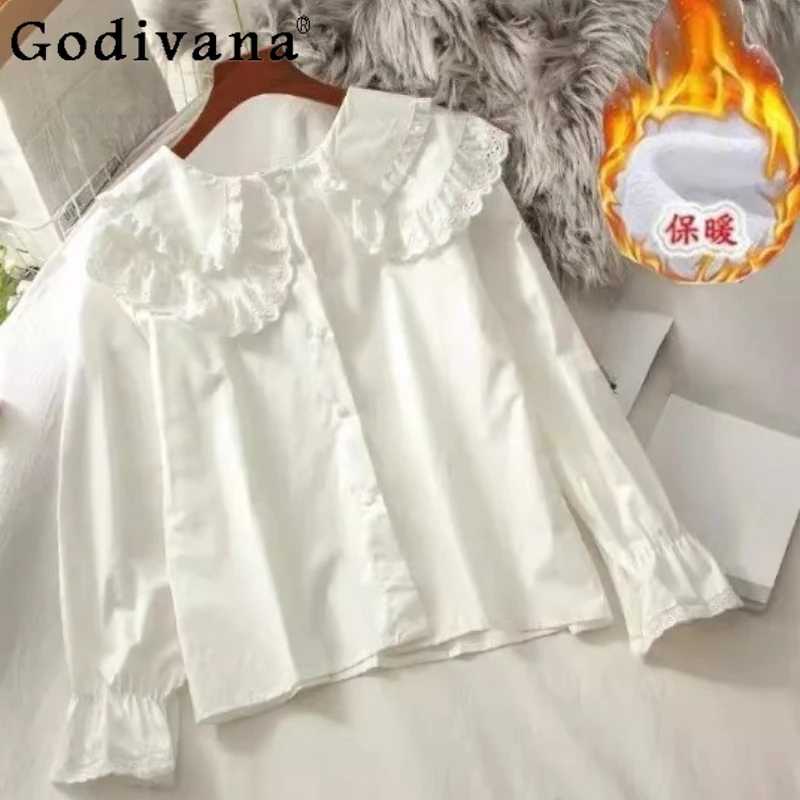 

2025 милая кружевная белая нижняя рубашка с воротником Питера Пэна, новая свободная универсальная рубашка в стиле Лолиты Fairy с длинными рукавами, утолщенный возрастной топ