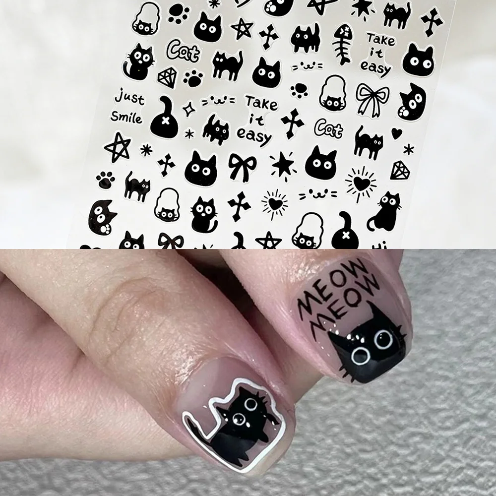 

1pcs Cute Black Cat Nail Art Stickers Y2K Japanese Kawaii Dog Bunny Flower Graffiti Nail Sliders 3D Meow Korean Manicure Decors$