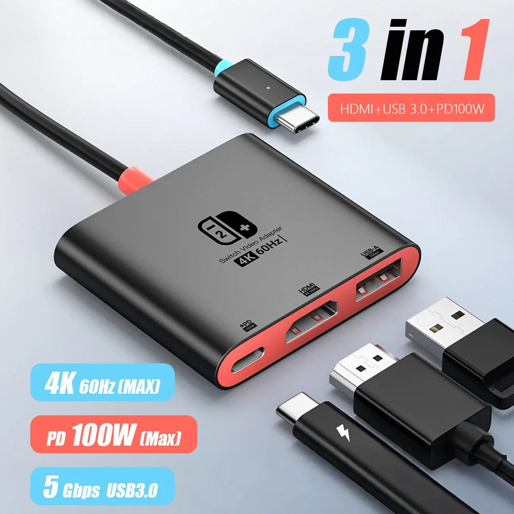 3-in-1 USB C to HDMI Cable Adapter PD100W For Nintendo Switch MacBook Pro Type-C Hub Thunderbolt 3 to 4K60Hz Output Port