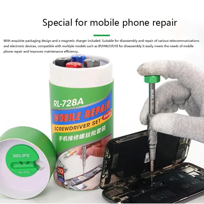 

RELIFE RL-728A Magnetic Screwdriver Set S2 Steel Bits 95% Anti-Slip Repair Kit for iPhone Huawei Samsung IP7-14 Mate Series OPPO