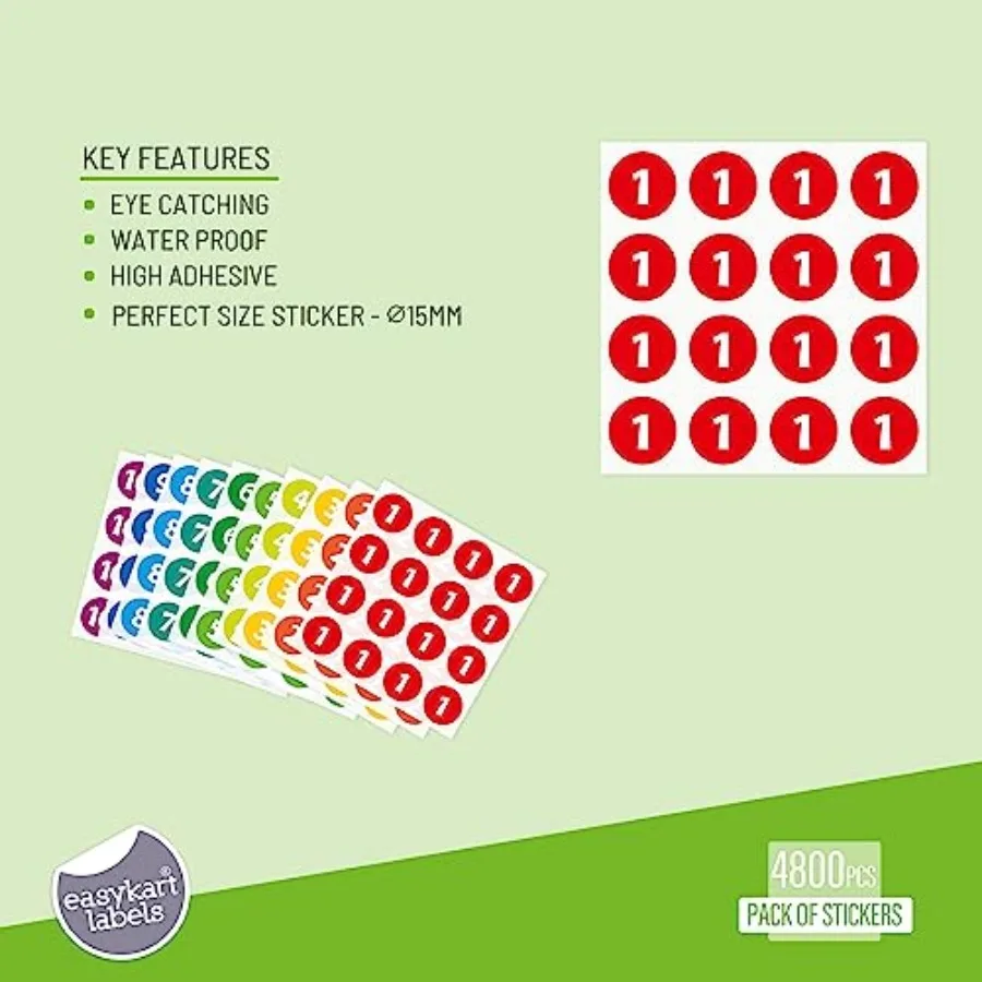 4800 PCS Consecutive Number Stickers 300 Sheets 1-10 Round ColLabels 0.5 Inch Round Self Adhesive Vinyl Number Decals for Schoo