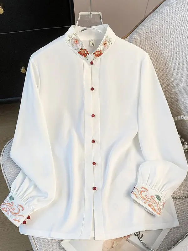 

plus Size Chinese Sle Long Sve irt with Button Stand Collar Embroidery ex Spring Autumn Wear Comfortable Breathable
