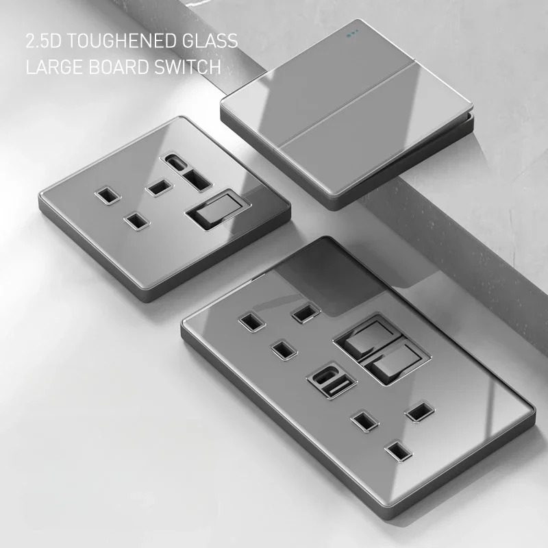 Gray Glass  1/2/3/4gang1/2way on/off Wall Light Switch LED Backlight Stair Wall Light Socket 3.1AtypeC 18W USB Power Adapter