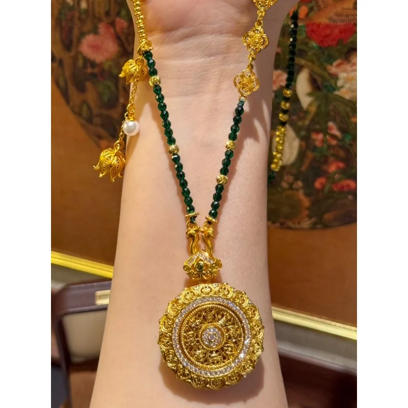 24k 999 gold Chinese style filigree compass green chalcedony pendant collarbone chain sweater chain necklace