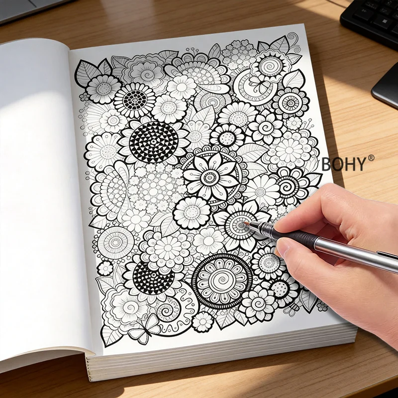 1 Adult Decompression Line Drawing and Coloring Album, Include Pattern Line Draft Themes As Mandala Flowers/plants, 24 Pages