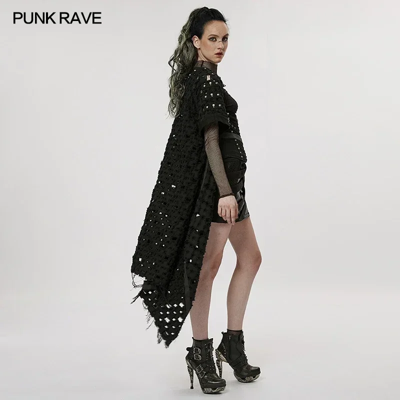 PUNK RAVE Post-apocalyptic Style Jackets Hollow Out Cardigan Women's Clothing Decadent Ripped Asymmetrical Hem Long Coats Wrap