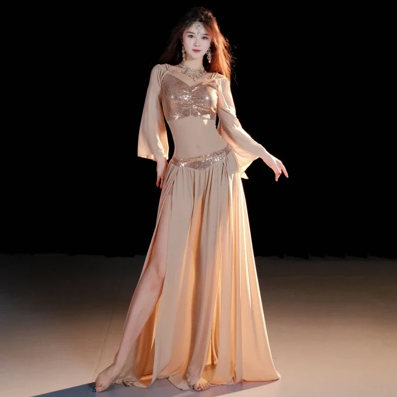 여성용 BellyDance 정장 오리엔탈 댄스 스팽글 긴팔 탑 + 섹시한 스플릿 롱 스커트 2pcs 성인 전문 연습복