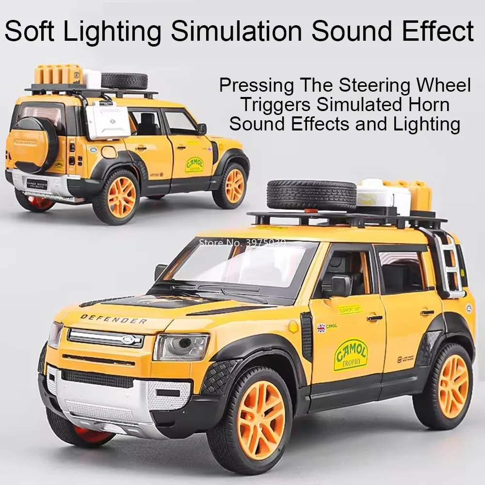 1:24 aleación Land Rover Defender modelos fundidos a presión coches de juguete con luz trasera sonido miniatura todoterreno juguetes interactivos para niños