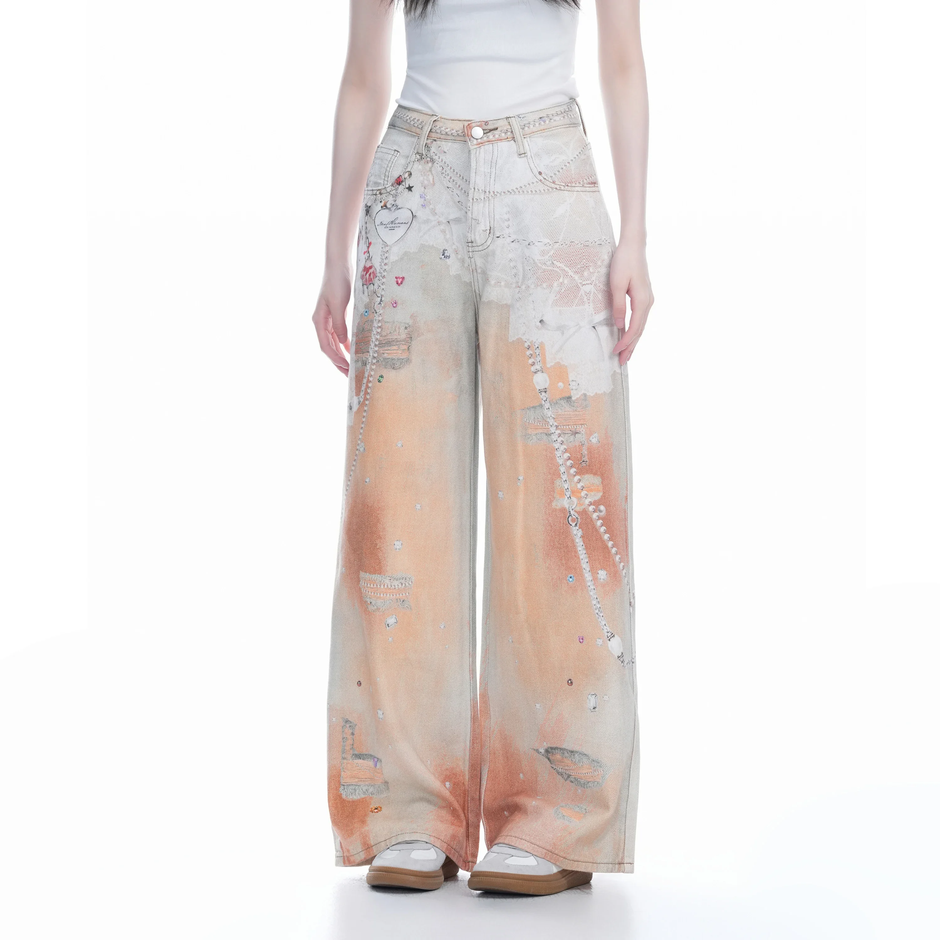 

2023 Новые джинсы с высокой талией в американском стиле с цепочкой и принтом, мешковатые женские джинсовые брюки, джинсы для девочек, стиль Y2k