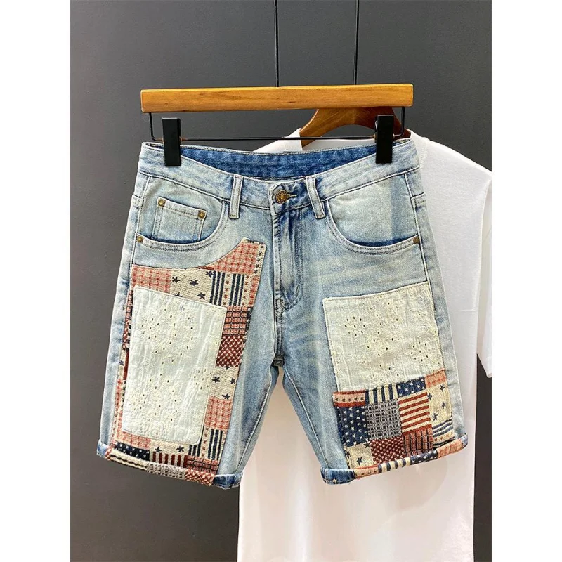 High End Denim Shorts Men\'S Slim Fit Personalized Fashion Distressed Patch Patchwork Printed Embroidery Casual Straight Pants