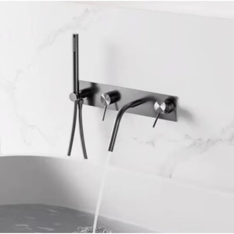 Copper Hot and Cold Hidden Wall Mounted Shower Head Bathtub Faucet Brushed Color Gun Gray