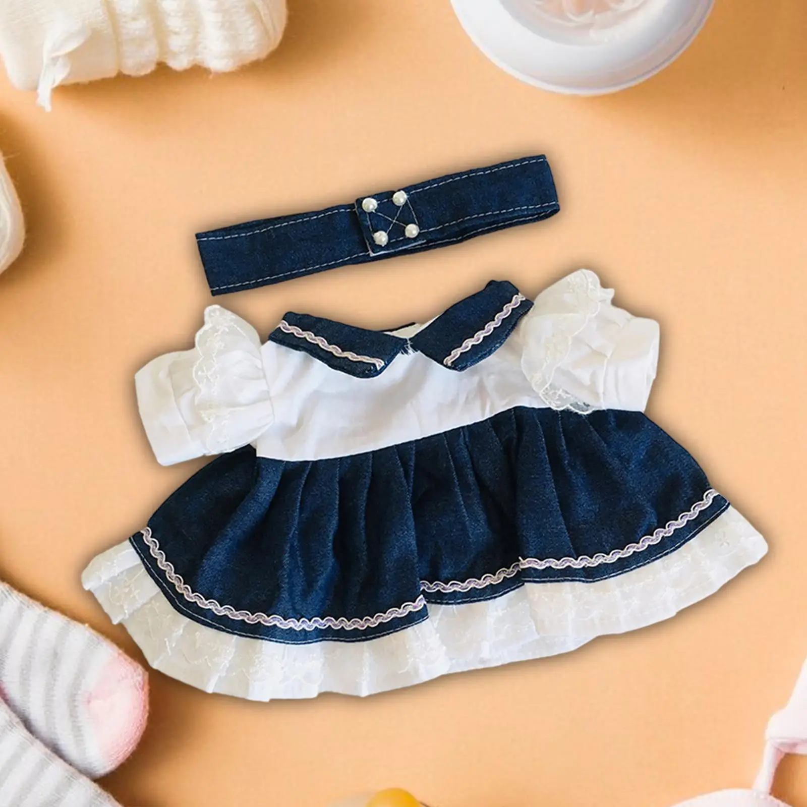 

2x Fashion Dolls Denim Dress with Belt Outfits Accs, Handmade Clothing for 15inch Dolls Dress up New Year Gifts