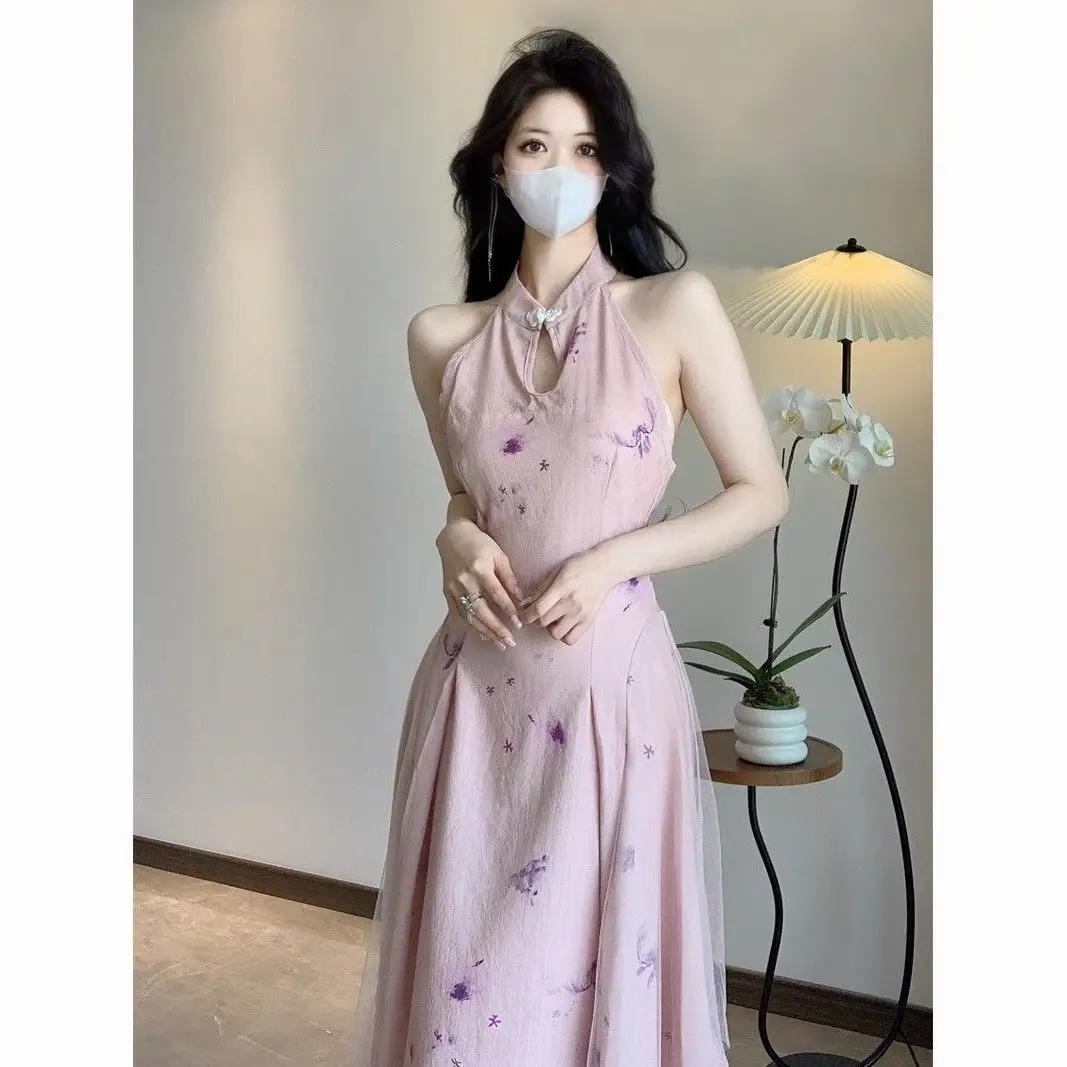 Elegant purple cheongsam print sleeveless neck Chinese style woman pleated spring/summer Chinese traditional daily dress qipao