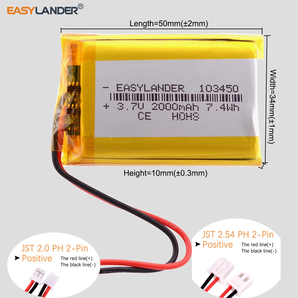 

3.7V 2000mAh 103450 XH2.54 2P / 2.0 2P Li-Ion Polymer Lithium Battery LiPo