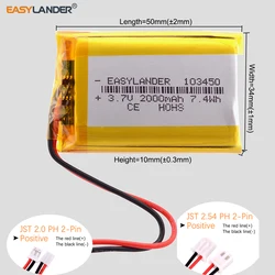Batterie ai polimeri di litio della batteria di 3.7V 2000mAh 103450 XH2.54 2P / 2.0 2P per l'altoparlante del telefono cellulare di GPS MP3 MP4 MP5 del giocattolo che guida DVR