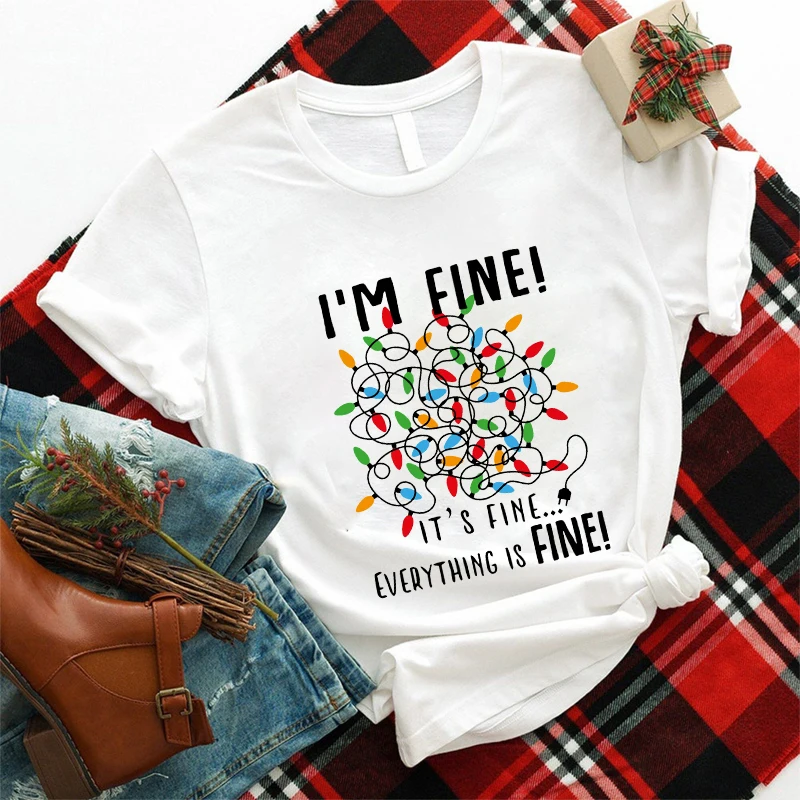 Christmas Lights Women T Shirt I'm Fine Everything Is Fine Print Tops Aesthetic Tshirt Female Party Clothing with Christmas Hats