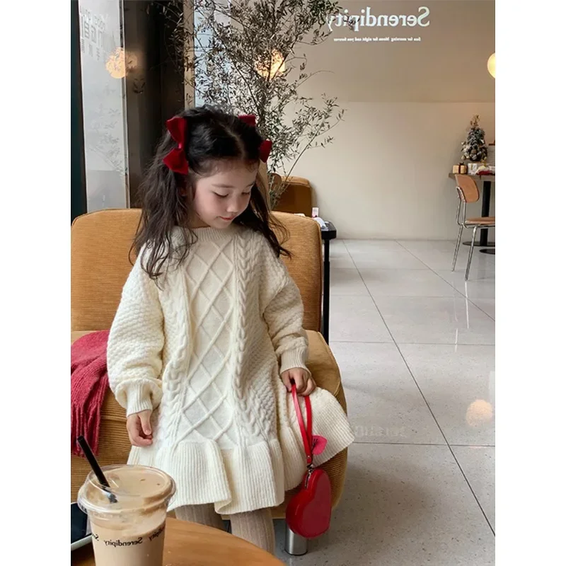 Girls Korean Style Knitted Dress 2023 Winter New Fashionable Thickened Princess Solid Color Casual Simple Princess Dress