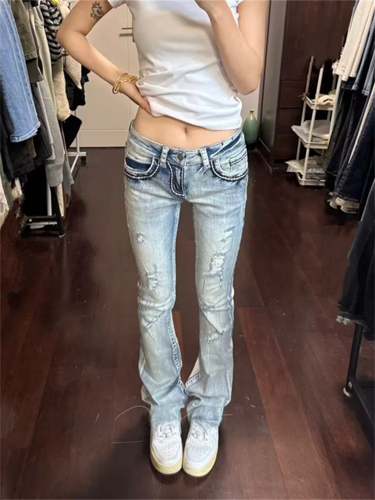 

Американские джинсы с низкой посадкой и удлиненными штанинами, женские, весна 2026, новые, в уличном стиле, рваные, из хлопкового стрейч-денима