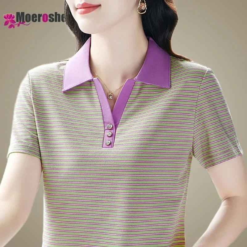 Women's Short Sleeve Striped POLO Shirt Golf Shirts Summer T-shirts Elegant Woman Original T-shirt Luxury Clothing Oversize Tops