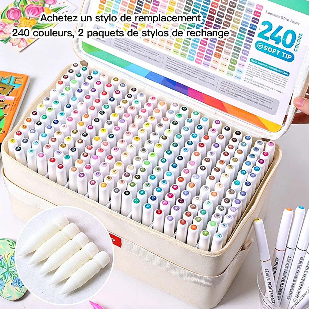 LANGUO – Lot de 240 marqueurs acryliques liquides à pointe souple, pour dessin, avec boîte de rangement et pointes de rechange