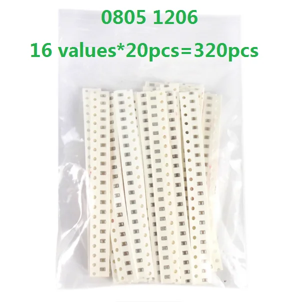 0805 1206 16 values*20pcs=320pcs SMD Capacitor Assorted Kit 10PF-22UF Samples Kit 22P 33P 47P 220P 470PF 102 222 103 104 474 105