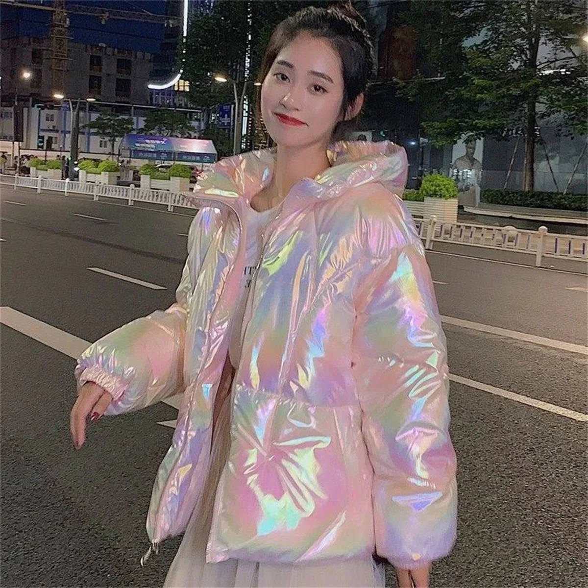 Women's cotton jacket with no wash and shiny surface, loose winter cotton jacket, 2024 short women's Korean version, colorful ho