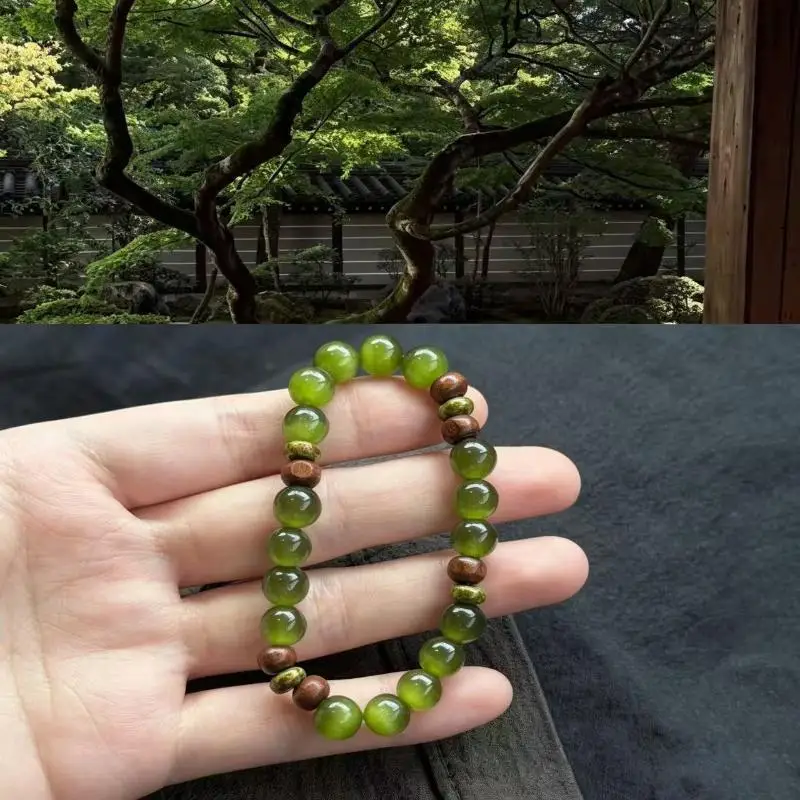 Boho Style Green Beaded Bracelet Retro Natural Wooden Spacer Elastic Bangle for Music Festival Outdoor Activity Wear