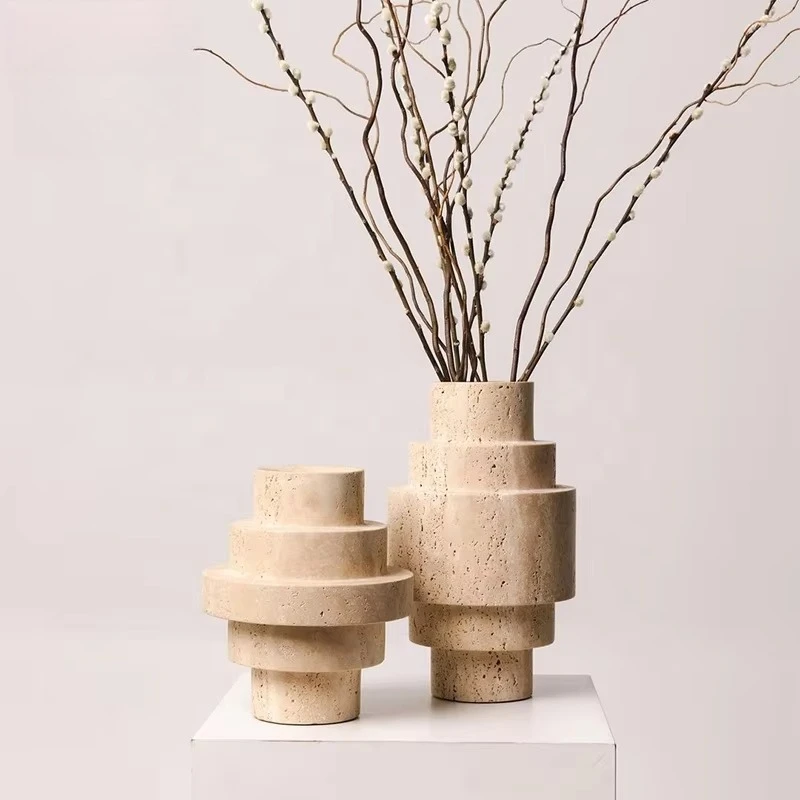 Modern European Style Travertine Stone Flower Vases Textured Vase For Home Decoration