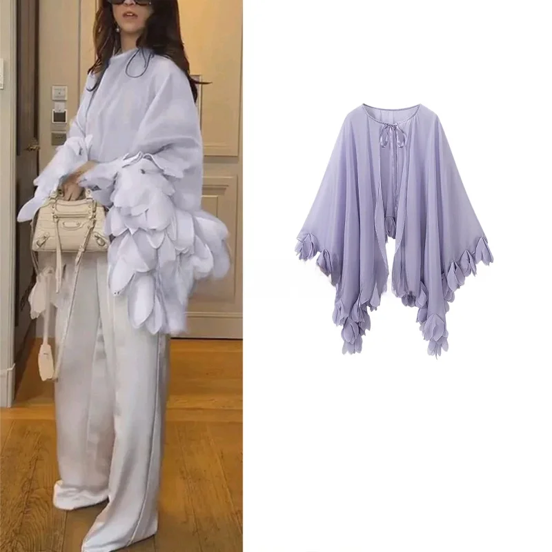 

Spring Summer New Arrival Women's Knot Belted Asymmetrical Hem Thin Transparent Cloak Style Sun Protection Shirt