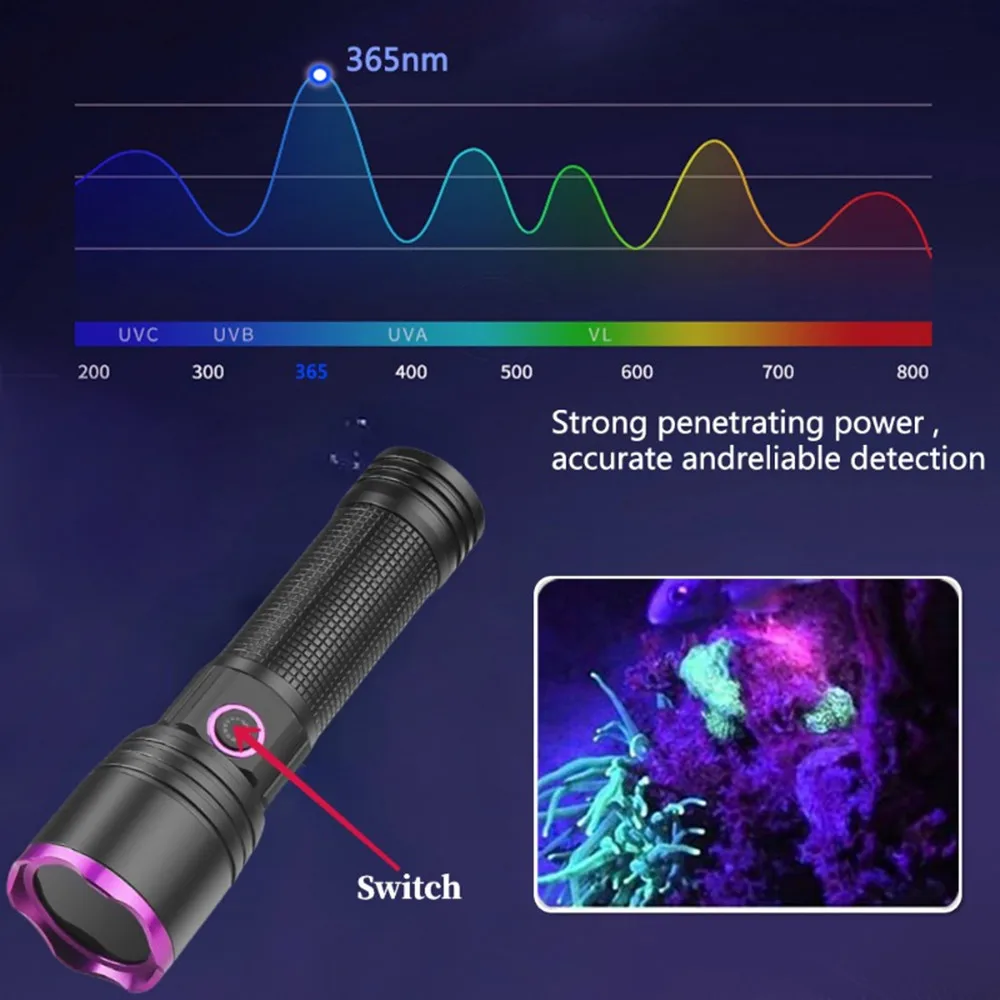 365NM UV Flashlight Black Mirror Purple Light Fluorescent Oil Pollution Detection Type C Rechargeable Use 26650 Battery