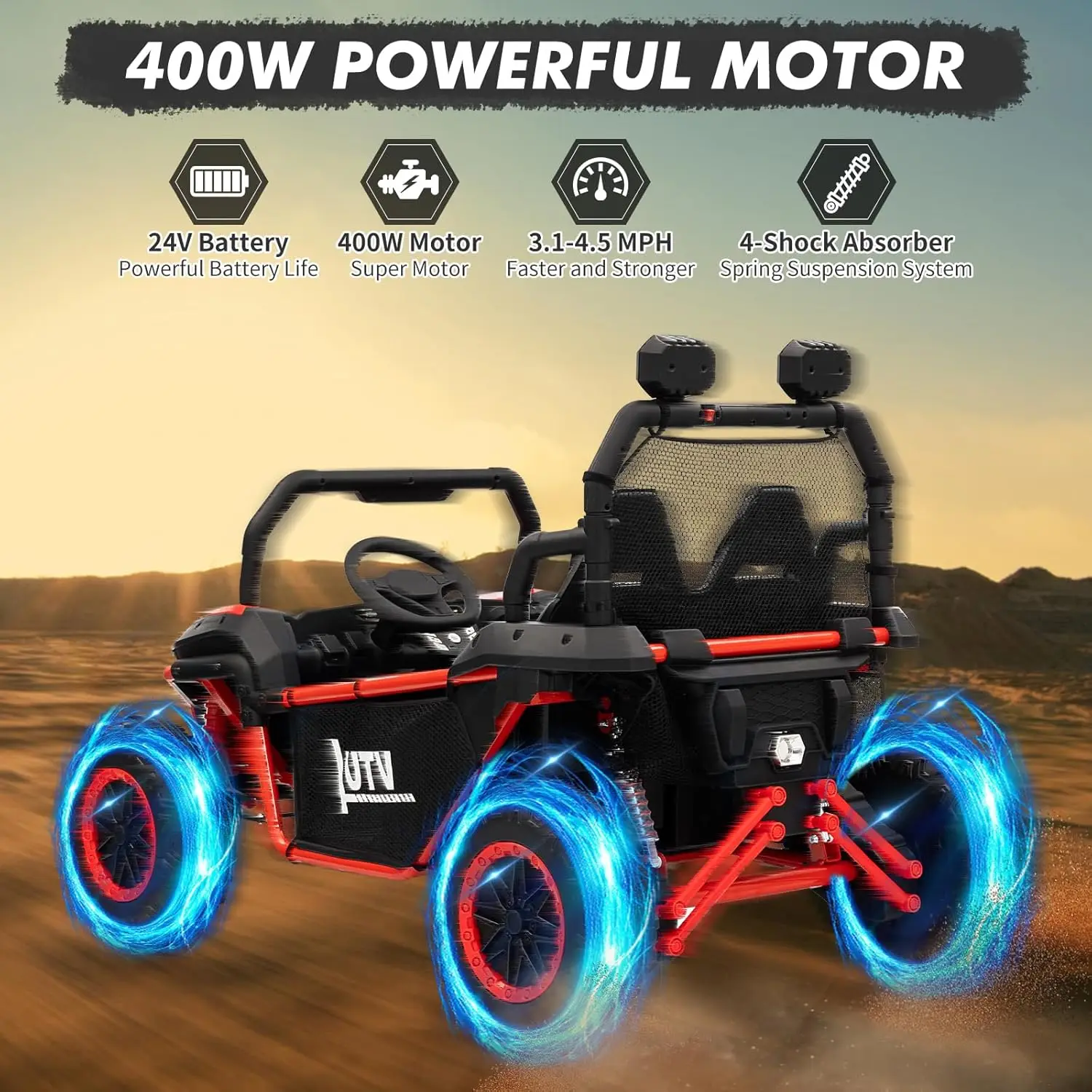 24V 2-Seater Ride on Car Electric UTV for Kids with Parent Remote Control 400w Motors 4.5MPH 4 Wheel Suspension Music Led Light