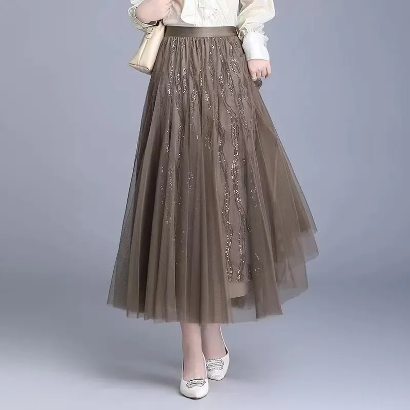 Mesh Sequin Ankola Red High Waist Fashionable Slimming Mid Length Temperament Pleated All Match Half Body Gauze Skirt