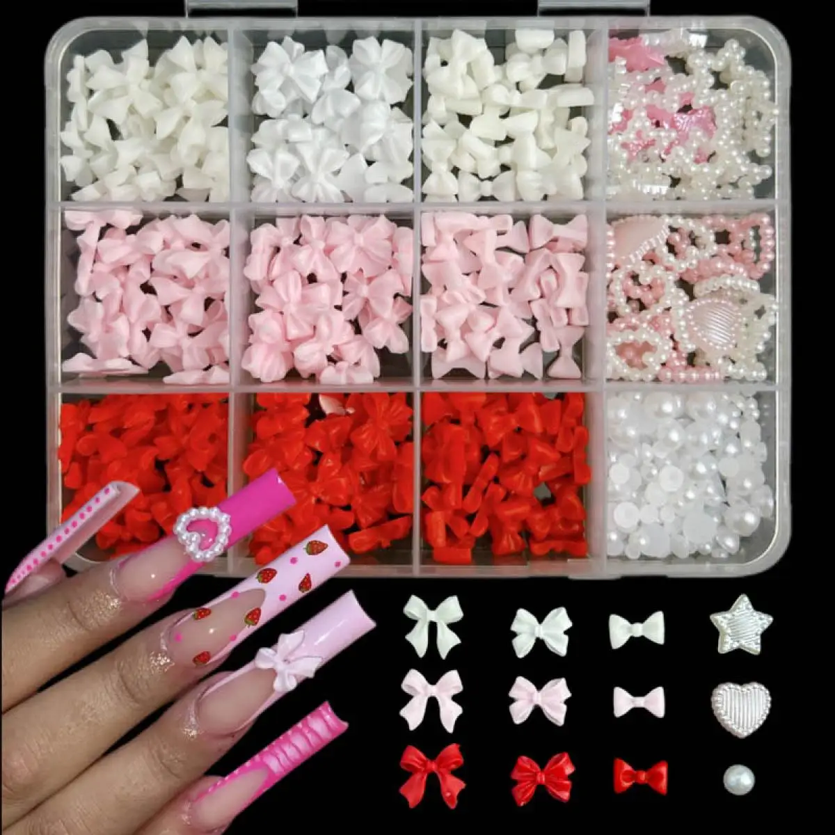1 กล่องเรซิ่นหวาน Multi-สี Bow Semi-Circular Pearl เล็บ Charms 3D Hollowed Out Heart Square ตกแต่งเล็บเล็บ DIY