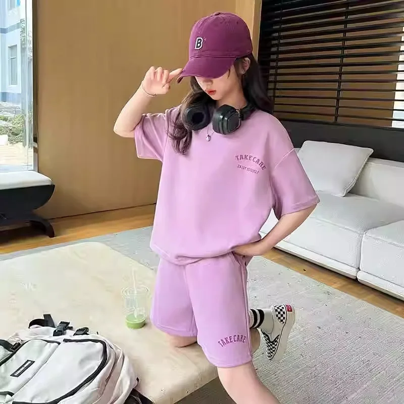 Girls Suits Children Leisure Sports Girls Set Children Summer New Solid Color Lapel Fashion Short Sleeve Two-piece Set Clothes