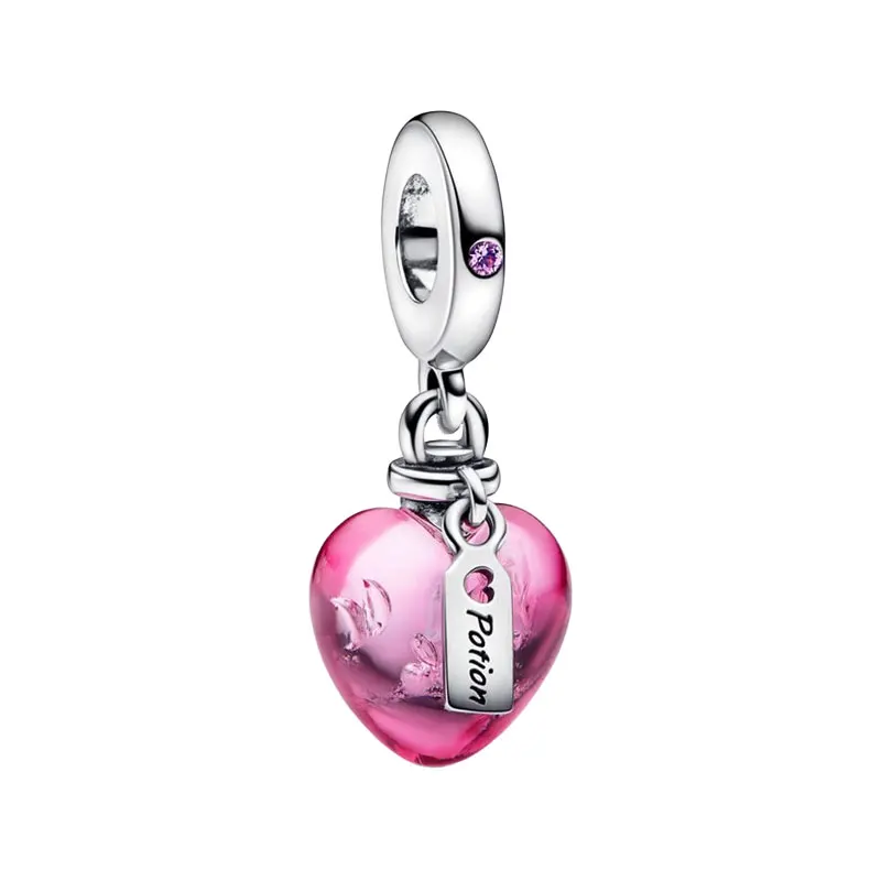 

Love Potion Pink Murano Glass Heart Pendants Charms For Women Crystal Silver 925 Fine Jewelry DIY Bracelets Valentine's Day Gift