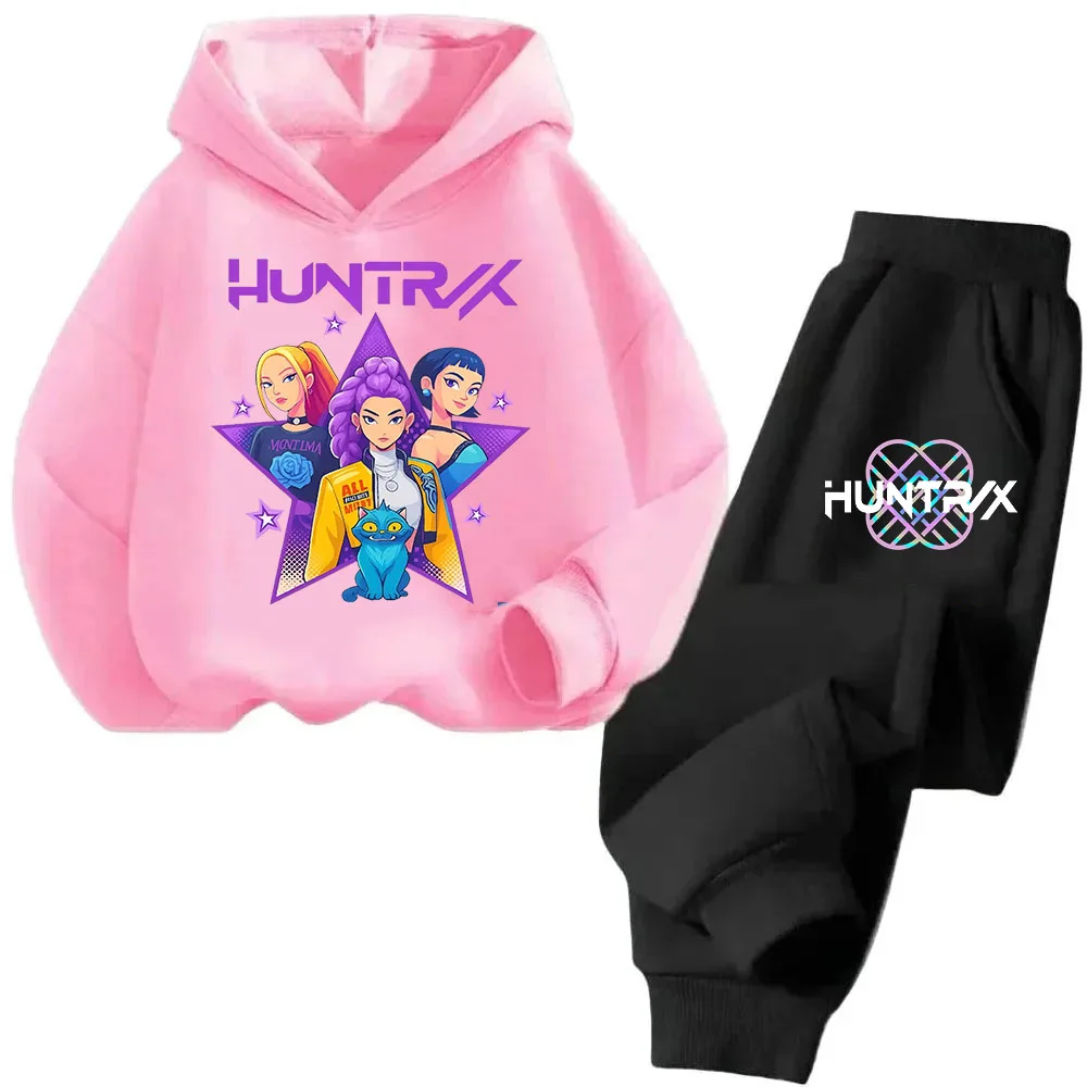

2025 Hot Girls Clothing KPop Demon Hunter Cartoon Girls Hooded Sweatshirt Sweatpants Set Warm Children's Fashion Casual Tops