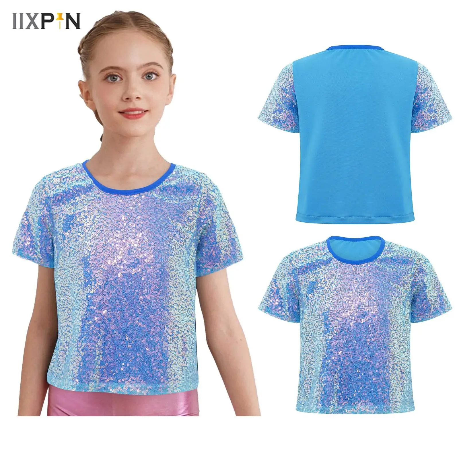 

Kids Girls Round Neck Short Sleeves Shiny Sequins T-shirt for Cheerleading Dance Stage Performance Party