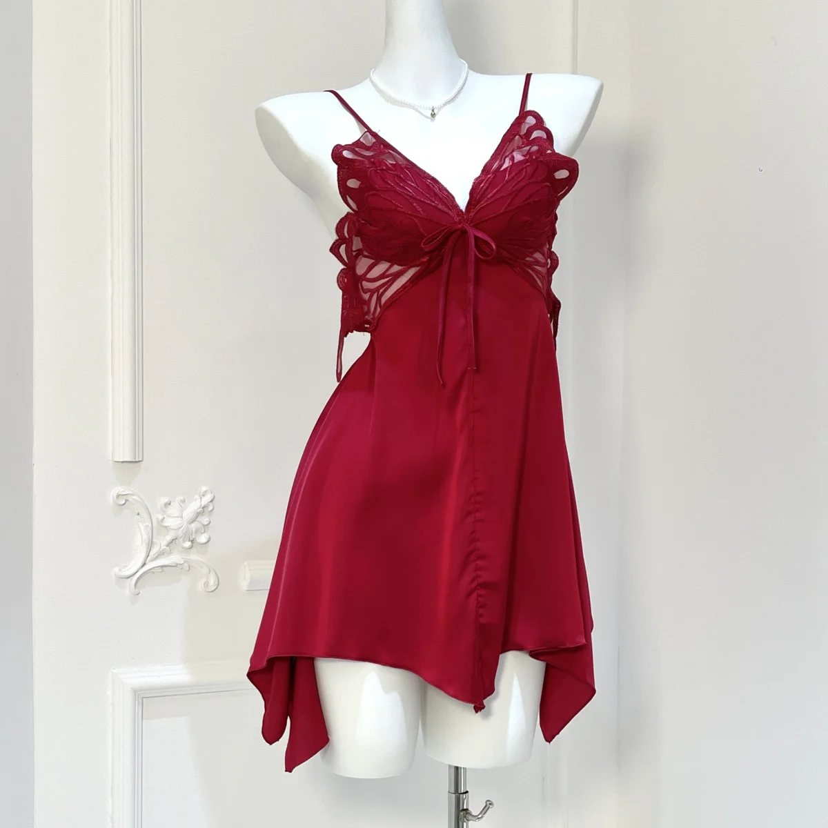 DAIMELU ice silk nightgown women's sleepwear summer suit wedding festive burgundy nightdress long-sleeved nightgown set skirt